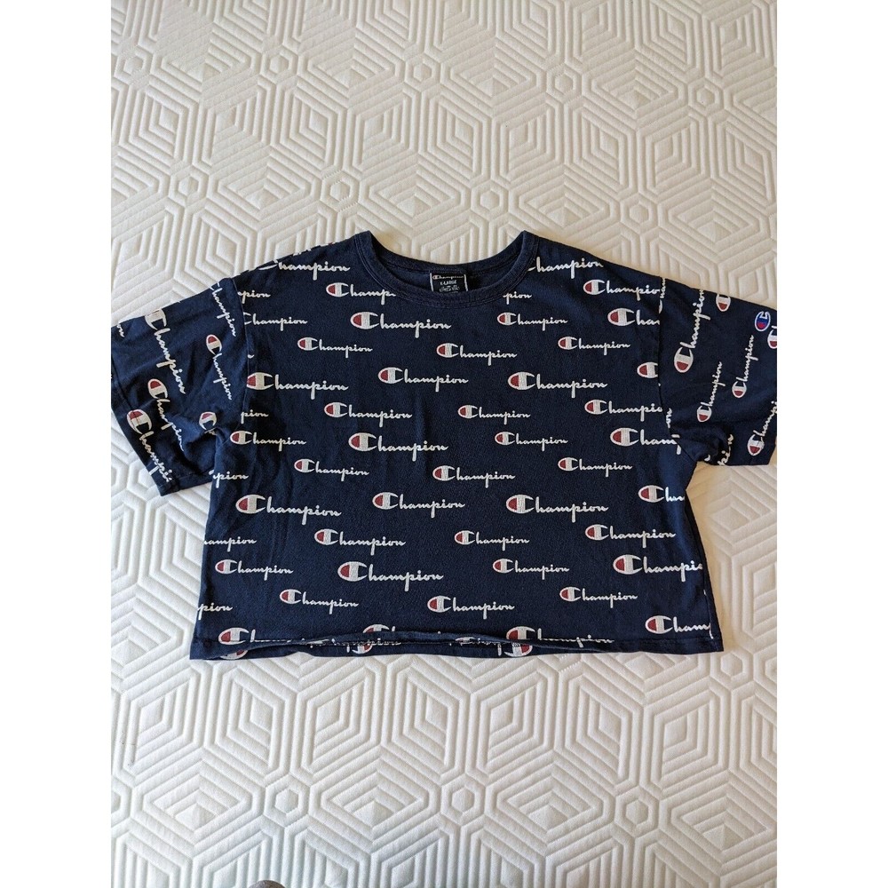 Champion Cropped T-shirt Womens XL Blue AOP Spell Out Short Sleeve All Over